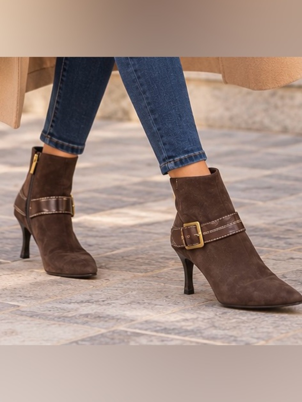 Women's Anne Klein Brown Suede Ankle Boots with Buckle Detail, Size 8